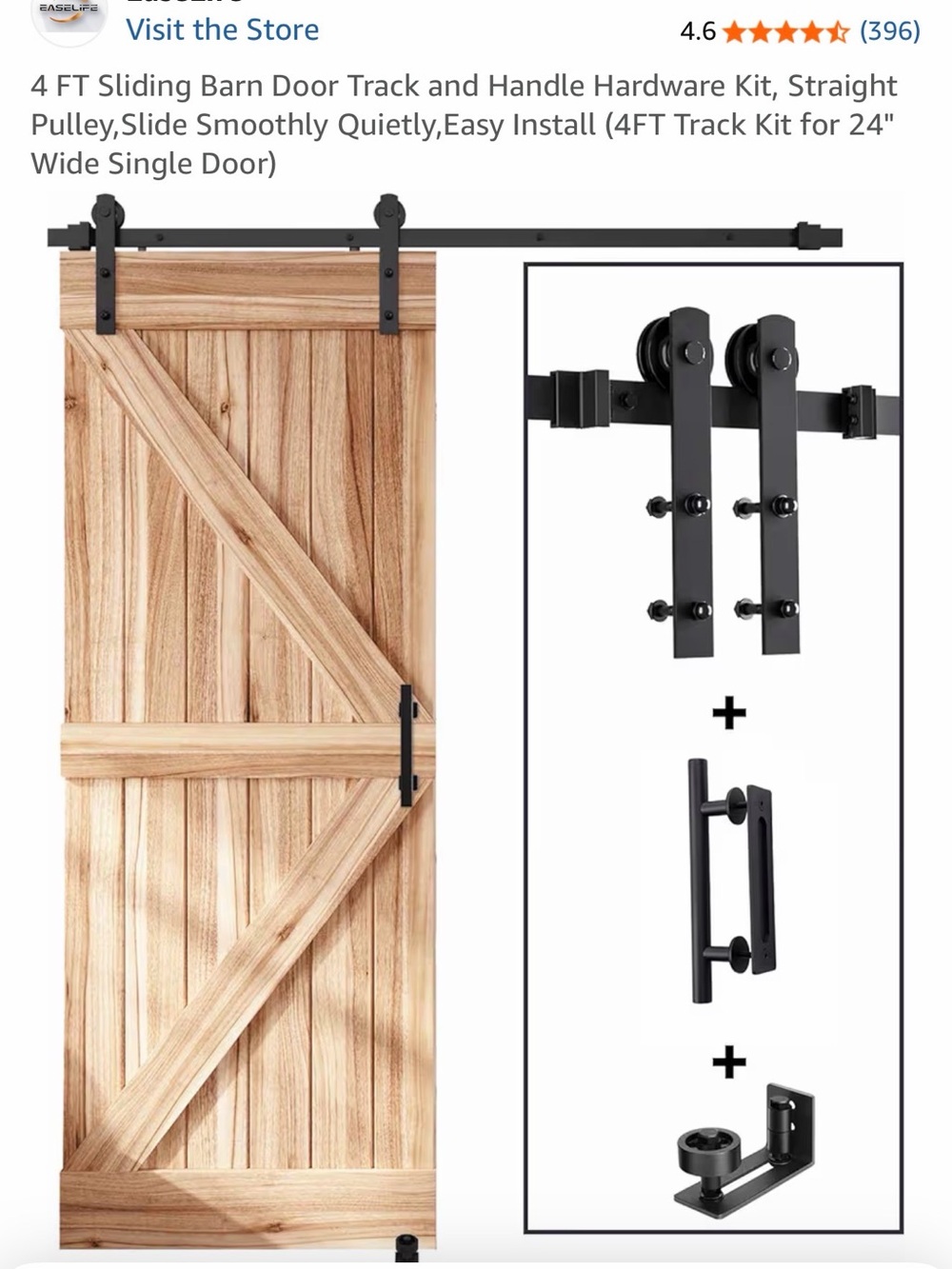 EaseLife 4FT Sliding Barn Door Hardware Track Kit w/ Handle for 24” Door Black